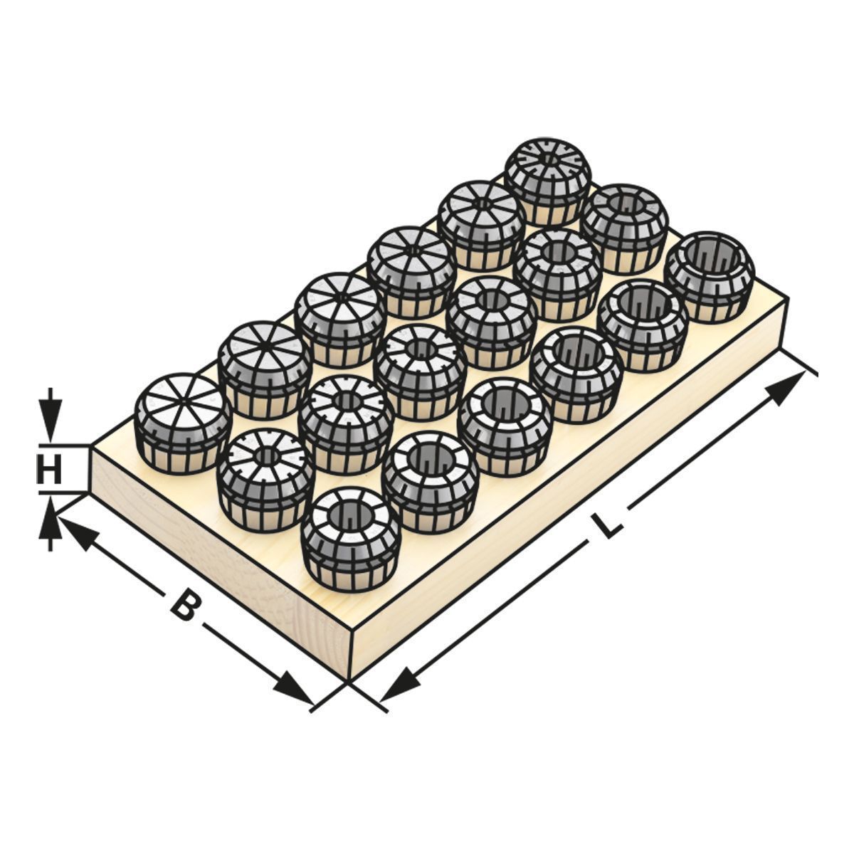 Spannzangensatz ER40 | 472 ECC | 16-teiliger Satz DIN 6499 B (ISO 15488 B) im Holzsockel